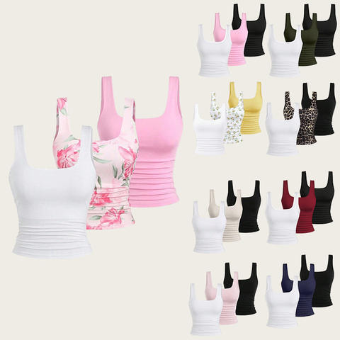 2025 Summer New Women's Cropped Square Neck Pleated Leopard Print Solid Color Casual Tank Tops - 3 Pieces Set