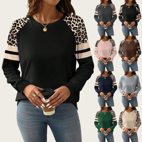 Cross-Border European American Plus Size Women's Clothing Autumn Winter New Fashion Leopard Print Color Block Neck Sweatshirt