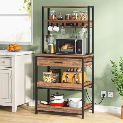 MecaWorks – EGYPT 5-Tier Kitchen Baker’s Rack with Power Outlets, Drawer & Sliding Shelves