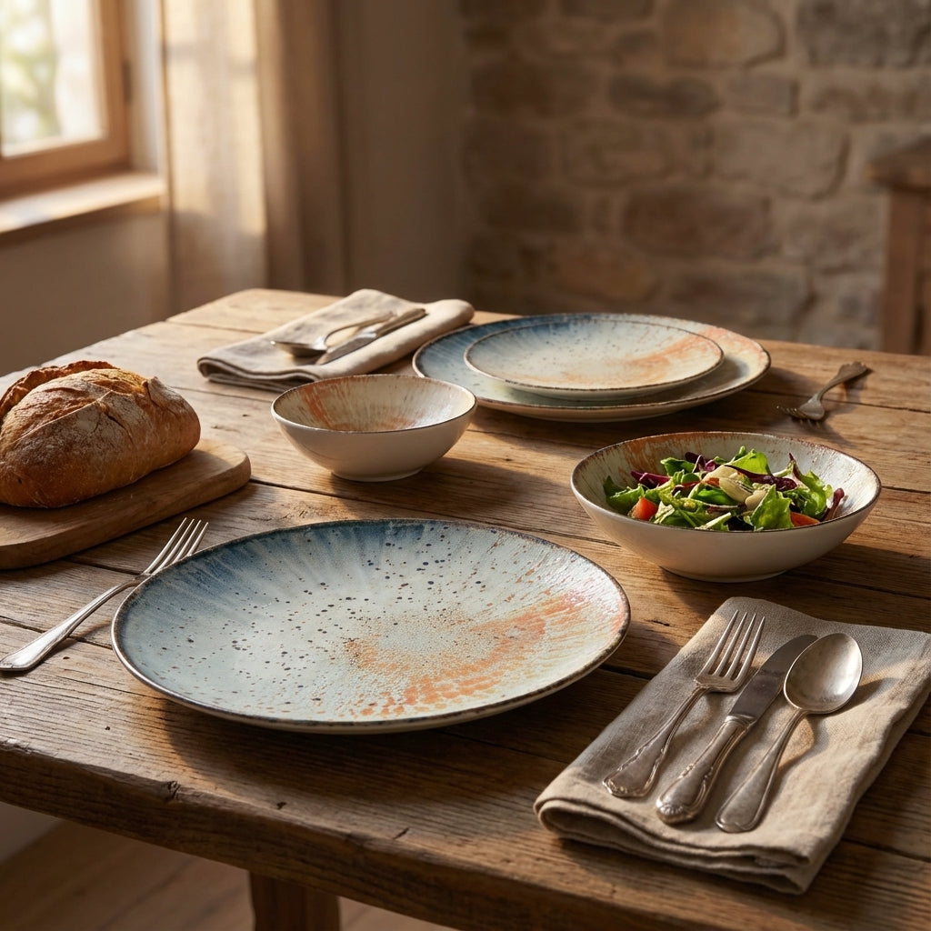 KitchenKey Rustic Matt Dinner Set of 24 | Premium Porcelain Plates & Bowls | Microwave & Dishwasher...