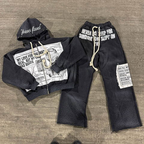 Streetwear Patchwork Zip up Hoodie and Baggy Sweatpants Custom DTG Printing Designer Rhinestones Two Piece Sports Tracksuits Set