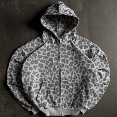 Custom Designer Leopard Printing Zip up Hoodie Men Streetwear Top Quality Sports Distressed Embroidery Men Hooded Sweatshirt