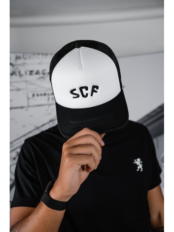 Sporting Clube Farense White and Black "SCF" Curved Bill Trucker Hat