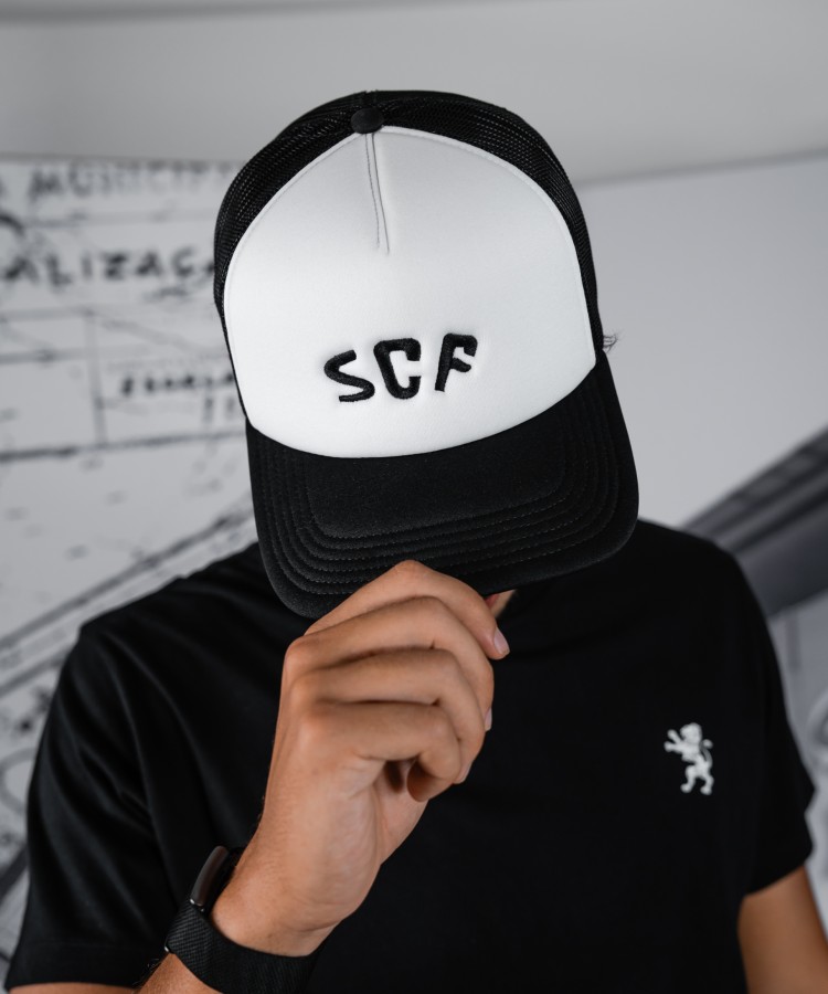 Sporting Clube Farense White and Black "SCF" Curved Bill Trucker Hat