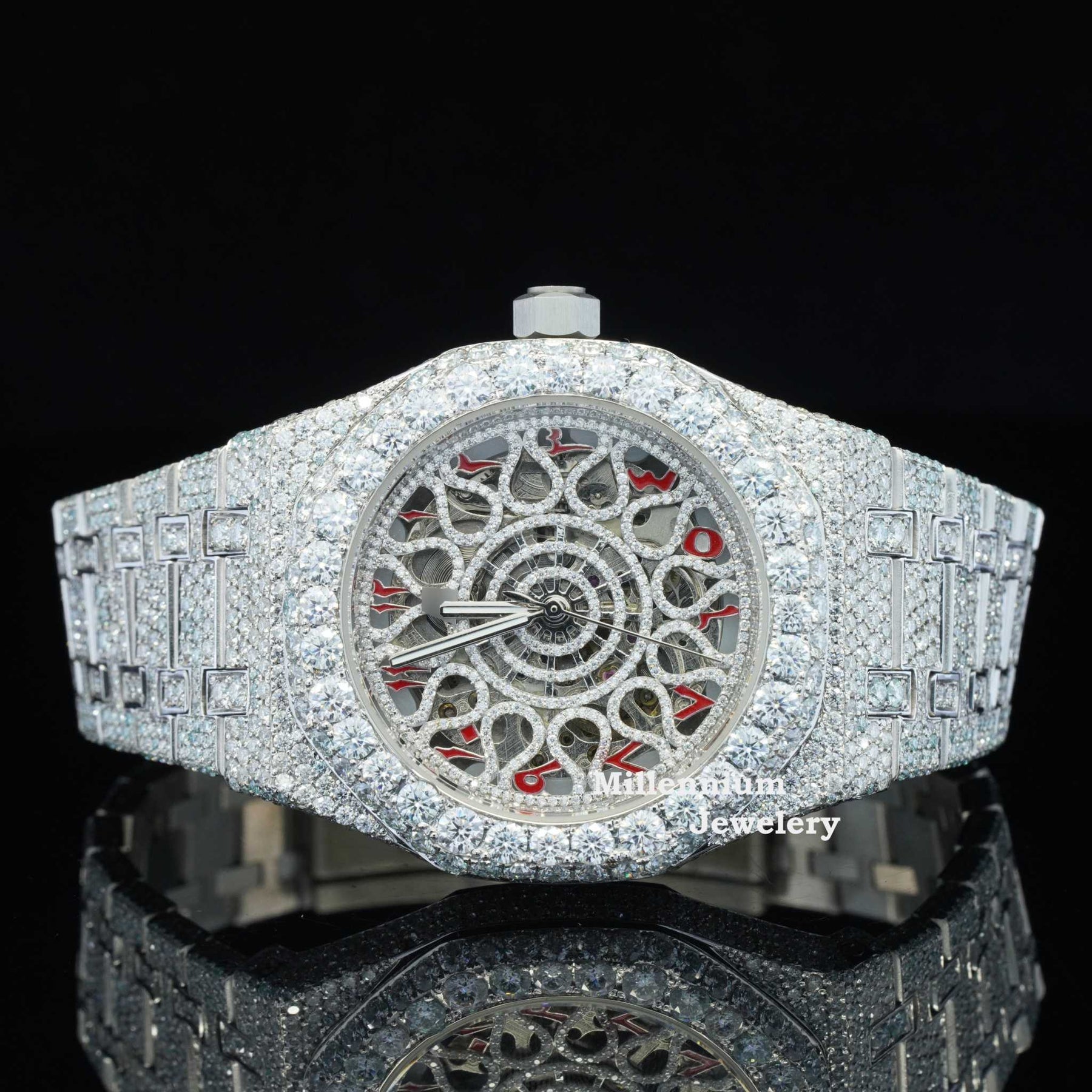 Iced Out Moissanite Watch Red Arabic Number With Automatic Movement