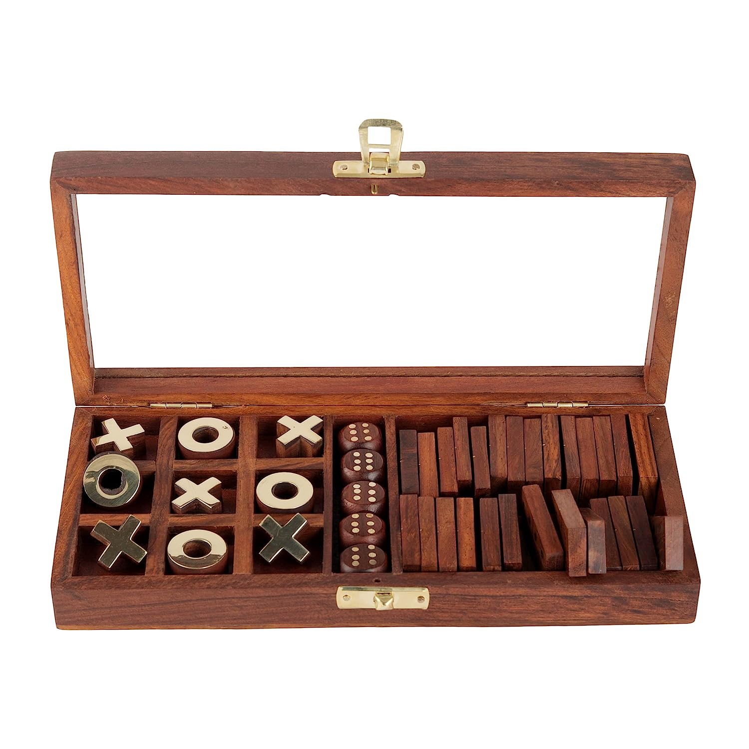 Chess'n'Boards Wooden 3-in-1 Parlour Game Set | 28 Dominoes, Tic-Tac Toe and Wooden Dice