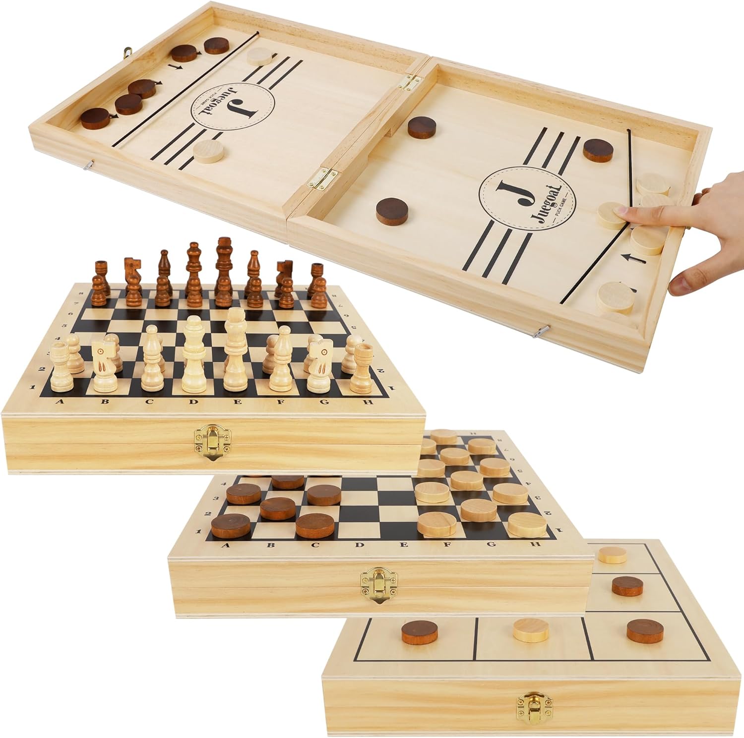 Chess'n'Boards 4-in-1 Wooden Fast Sling Puck | Chess | Checkers | Tic Tac toe