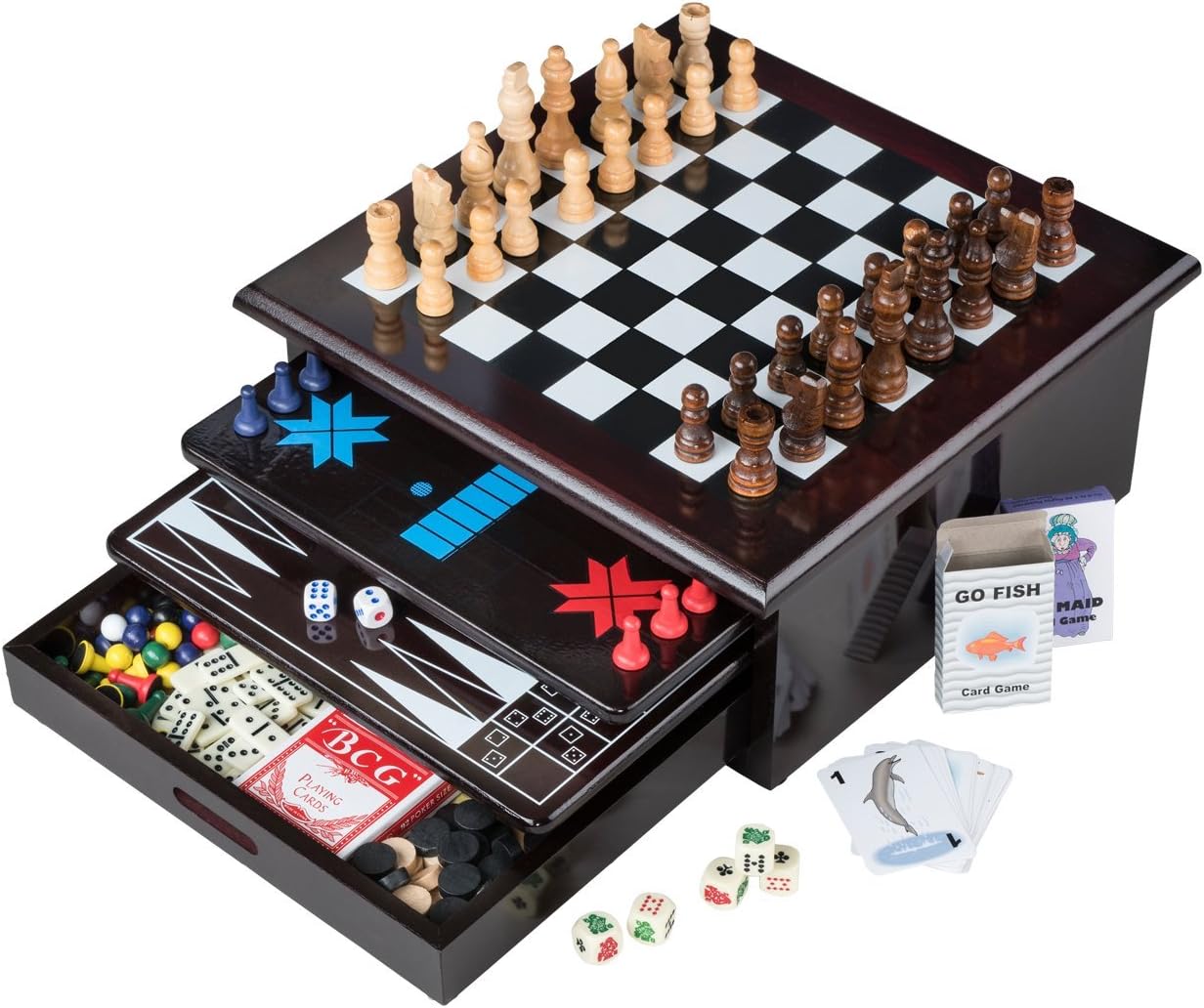 Chess'n'Boards 15 in 1 Tabletop Wood-accented Game Center with Storage Drawer