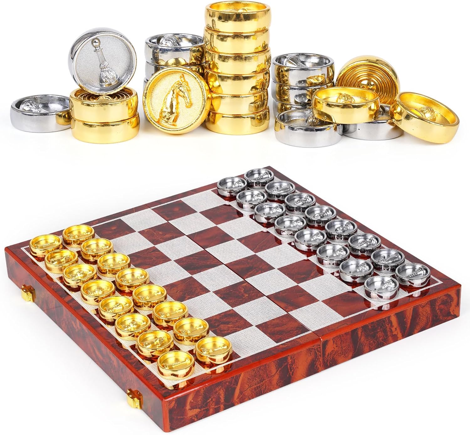 Chess'n'Boards 2-in-1 Metal Chess and Checkers Set- Travel Chess Sets Luxury Wooden Foldable Chessboard...