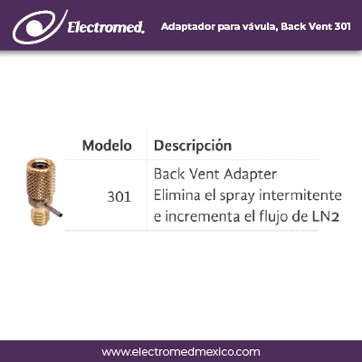 Electromed SA de CV Adaptador para válvula, Back Vent 301