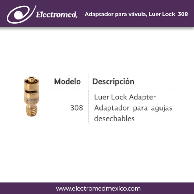 Electromed SA de CV Adaptador para válvula, Luer Lock 308