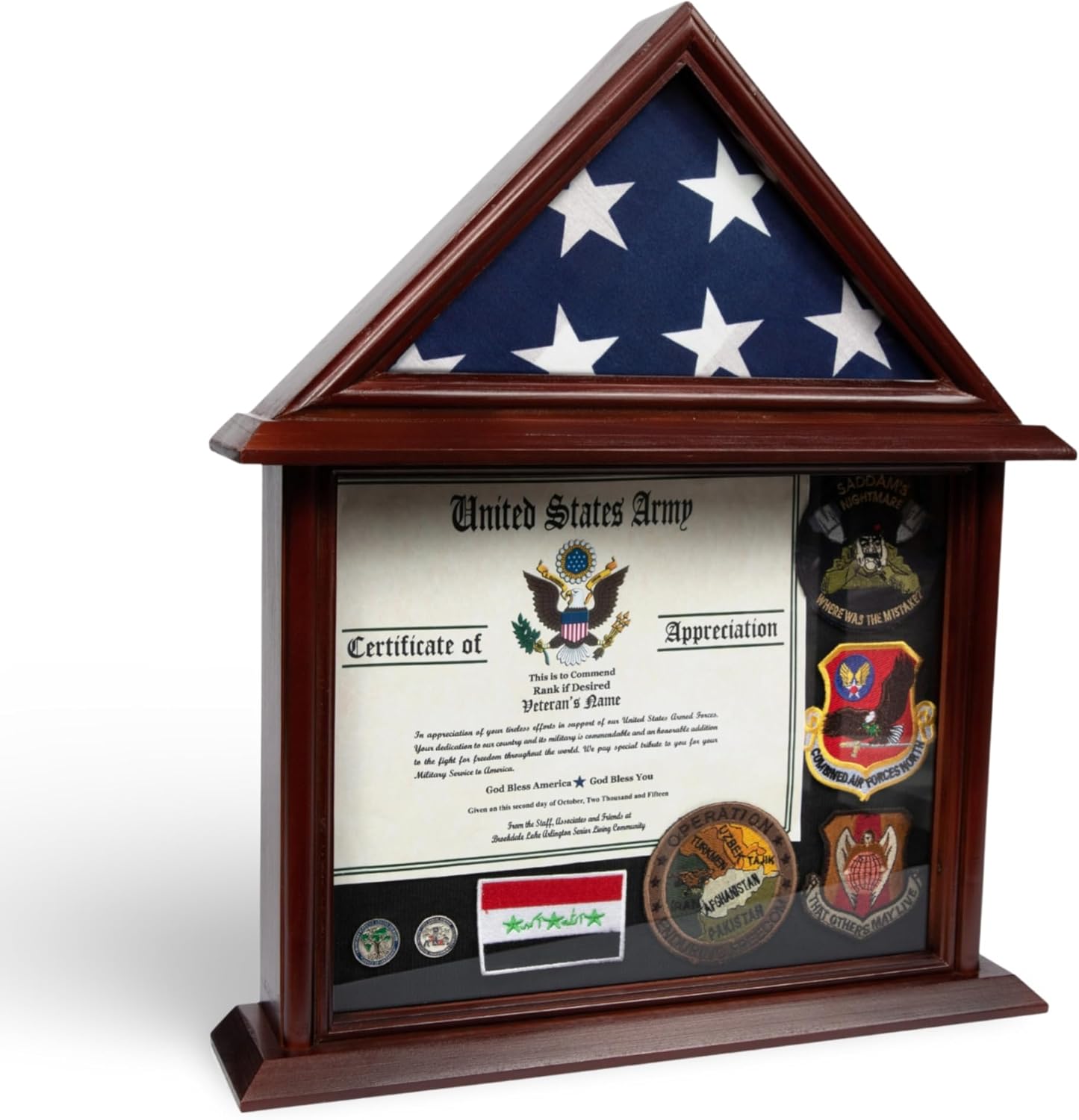 DECOMIL Certificate and Document Holder with 3x5 Flag Display Case - Mango Finish