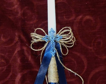 MysteriaDesignsCo Navy Greek Easter Lambada Candle with Keepsake Cross, Orthodox Anastasi Candle
