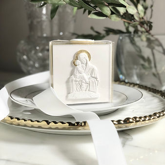 fofiBRIGHTWORKS Party Favor ICON Virgin Mary - Theotokos 4" Sq Statue Gold/Silver Leaf, Gift Box