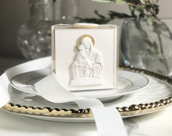 ICON Virgin Mary Bulk Party Favor: Theotokos Gold Leaf Statue, Byzantine, 4" Sq, Wax Seal, Greek Boubouniere, Wedding, Christening, Baptism