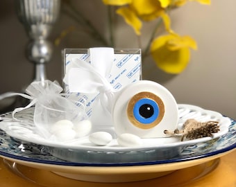Bulk Party Favor Evil Eye Keepsake Gift - Gold & Blue, Jordan Almonds, Baptism, Shower, Wedding, Engagement Boubounieres, Personalized Tag