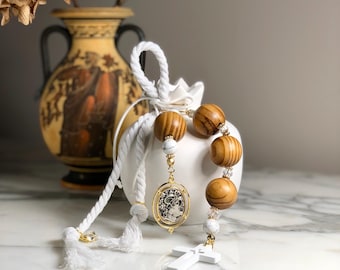 Olive Wood POMEGRANATE RODI Alexander the Great Coin, Cross - Medium - White, Good Luck Gift, Housewarming, Wedding, Engagement, Baby
