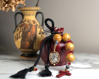 Olive Wood POMEGRANATE RODI Alexander the Great Coin, Cross - Medium - Burgundy, Good Luck Gift, Housewarming, Wedding, Engagement, Baby