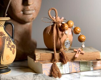 Olive Wood POMEGRANATE RODI Alexander the Great Coin, Cross - Medium - Terracotta, Good Luck Gift, Housewarming, Wedding, Engagement, Baby