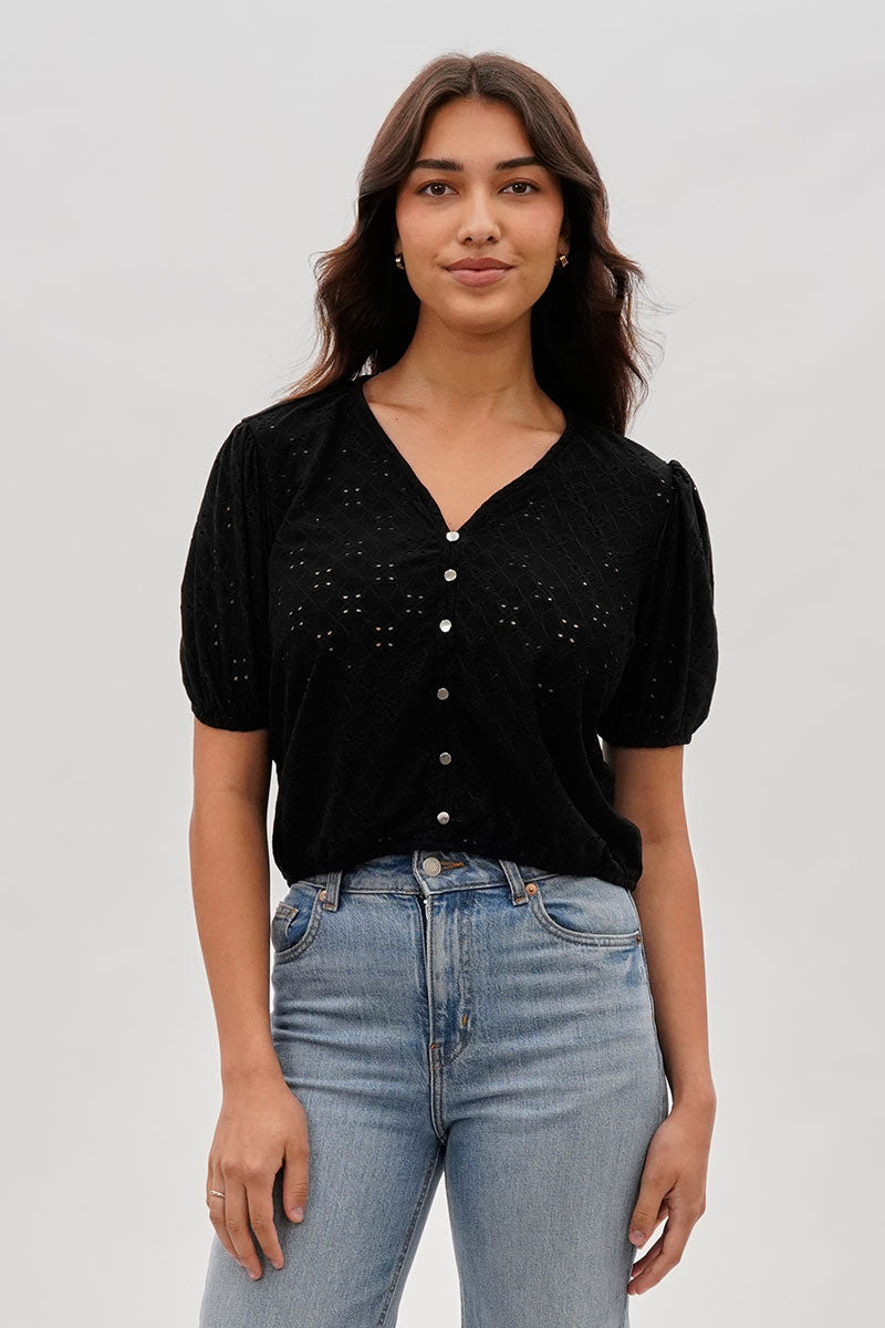Fairweather Beechers Brook Button Down Eyelet Blouse - Black