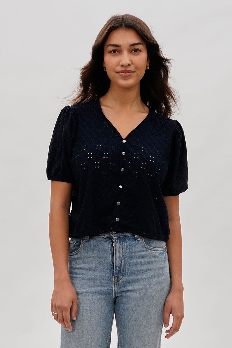 Beechers Brook Button Down Eyelet Blouse - Navy