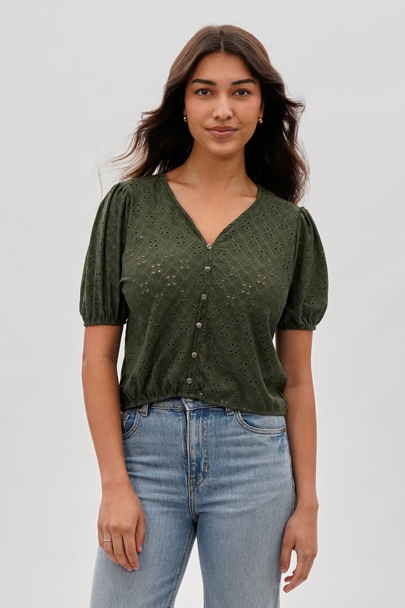 Beechers Brook Button Down Eyelet Blouse - Olive