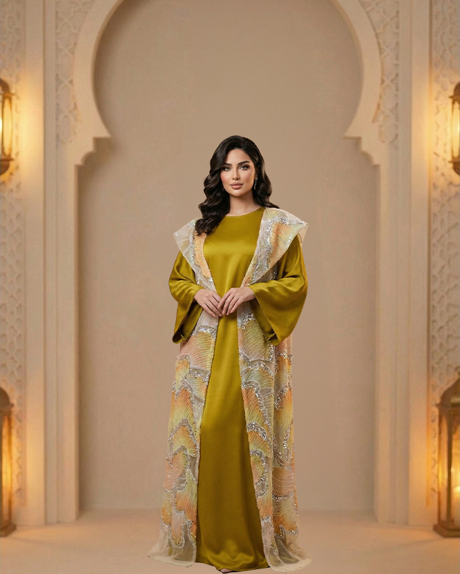MAJORA FASHION Women’s Two-Piece Off-Shoulder Evening Abaya Set | Embroidered Organza Outer & Plain...
