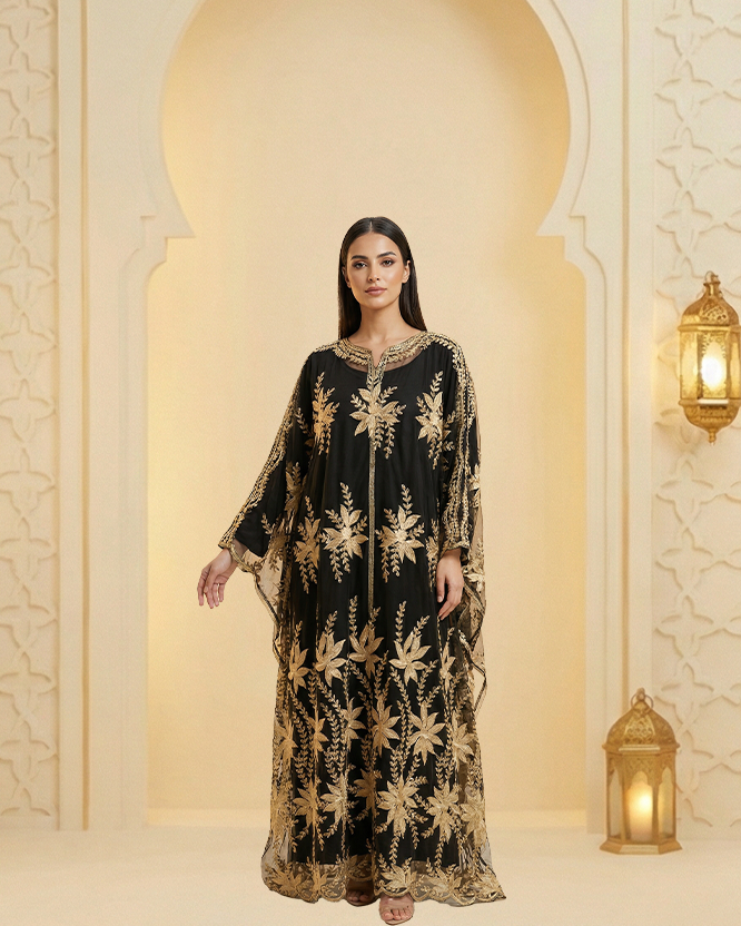 MAJORA FASHION Women’s Black Tulle Abaya 2-Piece Set with Raised Gold Floral Embroidery | Satin Inner...