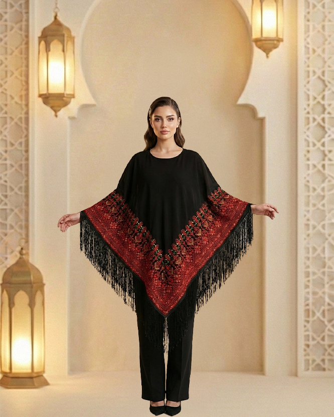 MAJORA FASHION Women’s Black Crepe Cape Set with Red Arabic Embroidery | Short Embroidered Cape &...