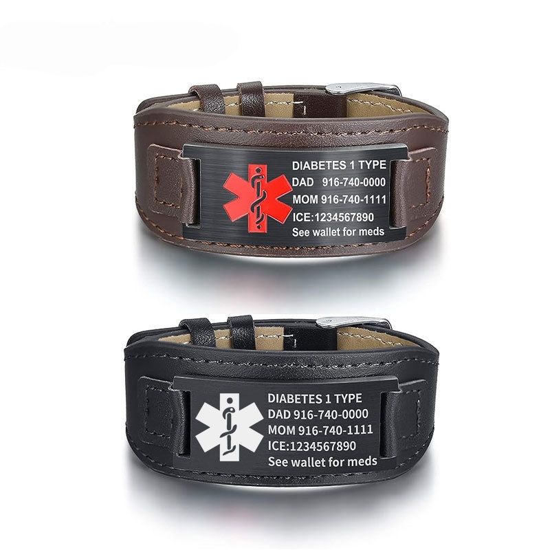 Dongguan An Bella Jewelry Company Limited Best Gift Customized DIY Engraved Stainless Steel Bar Leather Medical Bracelet for Men