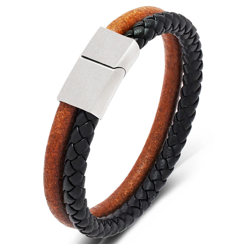 Custom Logo Classic Leather Rope Bracelets Handmade Magnetic Clasp Double Color Wrap Braided Leather Bracelets for Men Women