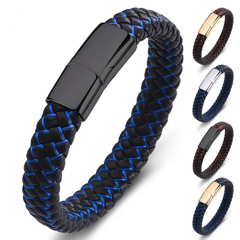 Custom Designs Fashion Magnet Close Handmade Braided Leather Bracelet for Men