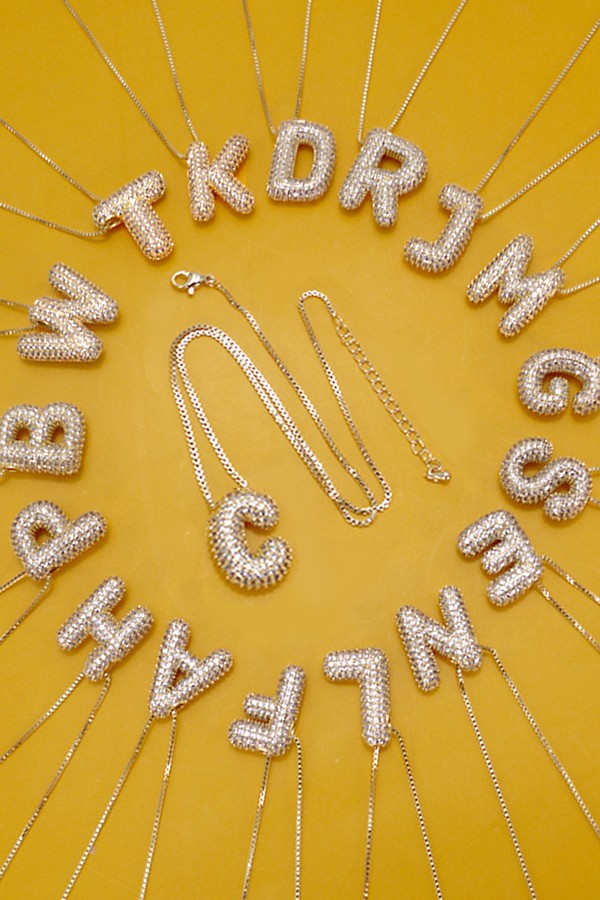 JOSSLYN by wall to wall INITIAL PAVE RHINESTONE BUBBLE BALLOON NECKLACE