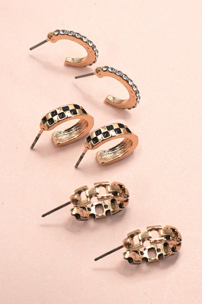 BAGUETTE STONE DOUBLE HOOP HUGGIE TRIO EARRINGS