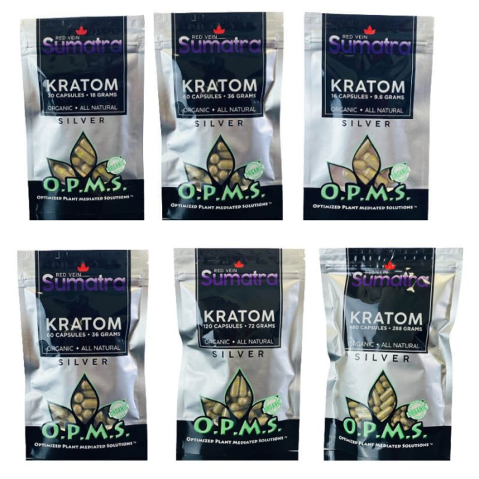 Opms Silver Capsules - White Vein Indo or Super Green Borneo or Red Vein Sumatra - 9.6 Grams, 18 Grams, 36 Grams, 72 Grams, 144 Grams, 288 Grams