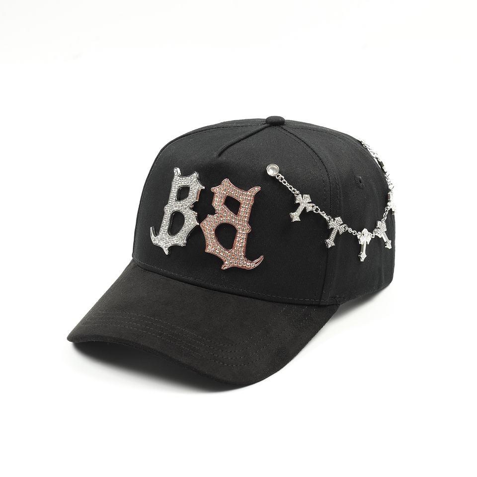 New Arrival 5 Panel Rhinestone B Cross 24K Rose Gold Sports Hats Satin Lining Beard Caps Personalized Suede Barbas Hats with Box