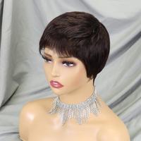 Natural Straight Short Human Hair Wigs for Black Women Full Machine Made Glueless Bob Wigs Non Lace Pixie Wigs with Bangs
