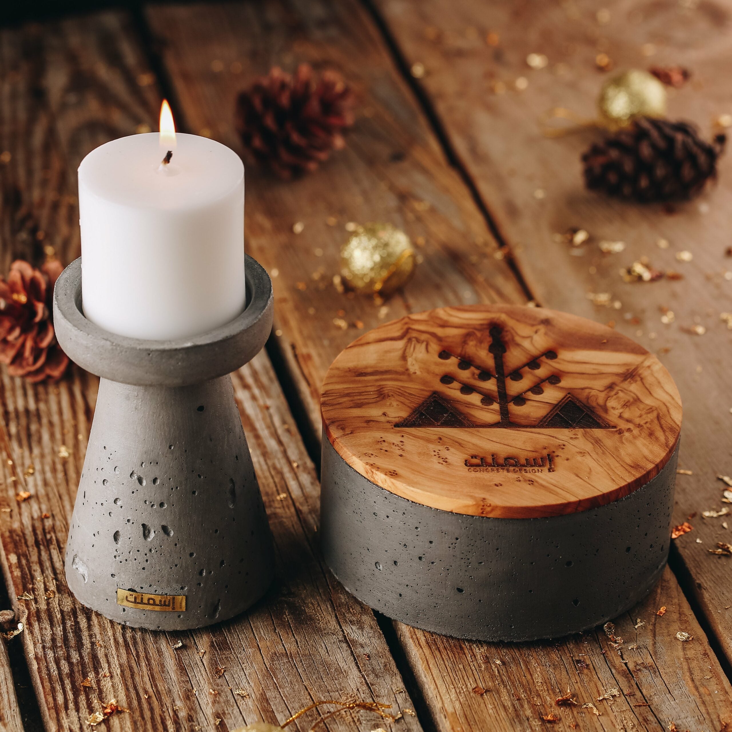 ILEYCOM Olive Grove Pack – Concrete and olive wood box with concrete candle holder (S and L)