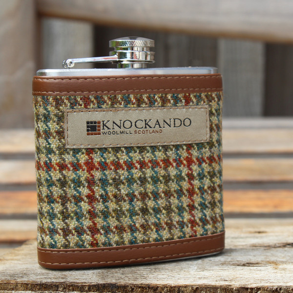 Paisley Textiles Manufacturing Tweed covered hip flask with leather trim