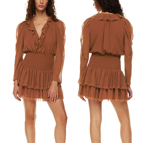 Hangzhou Iterate Import & Export Co., Ltd. High-Quality 2025 New Deep V-Neck Brown Chiffon With Ruffled Silk Mini Peplum Dress