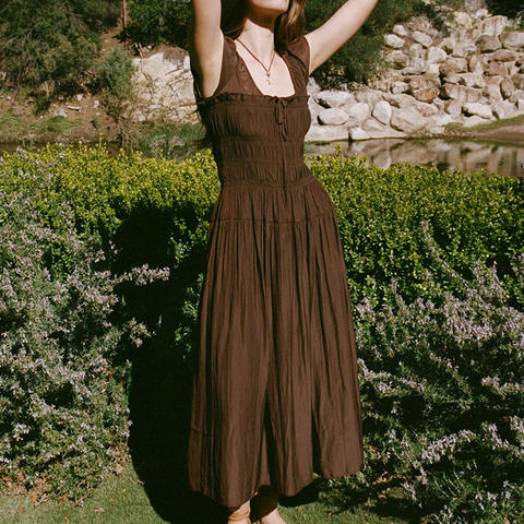 Hangzhou Iterate Import & Export Co., Ltd. OLAESA Short-Sleeved Square Neck Gathered Waist Bust Silk Midi Dress Summer Women