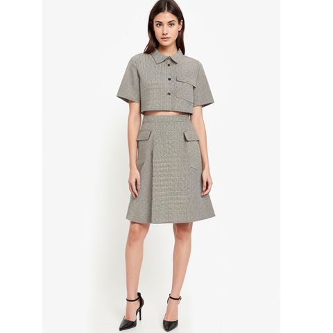 2025 Olaesa New Design Retro Lady Officetweed Top Skirt Two-Piece Suit Plaid Tweed Set for Women