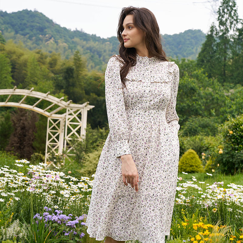 2025 Autumn Plus Size Women's Dresses Long Sleeve Floral Casual Dresses With Ruffle Mock Neck