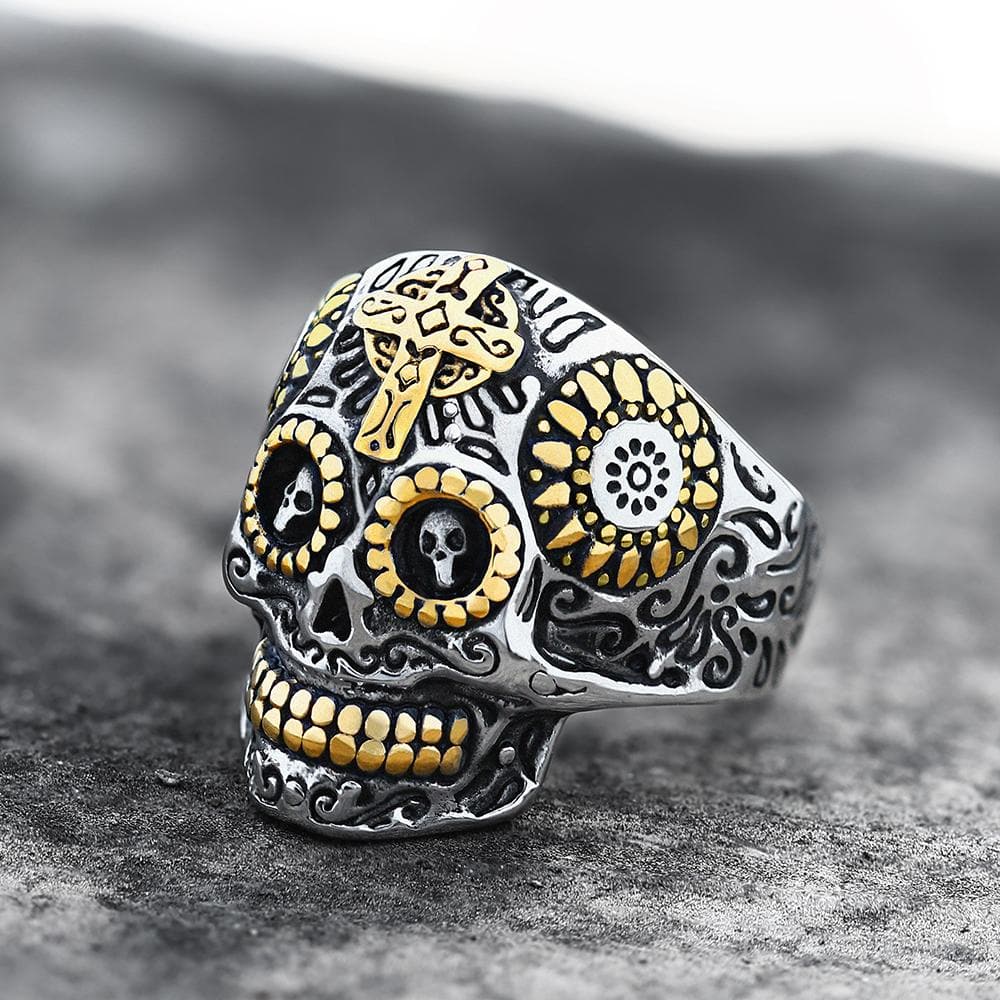 GTHIC Vintage Cross Stainless Steel Sugar Skull Ring
