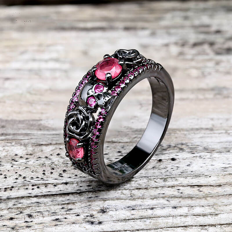 GTHIC Black Flower Skull Inlaid Zircon Brass Ring
