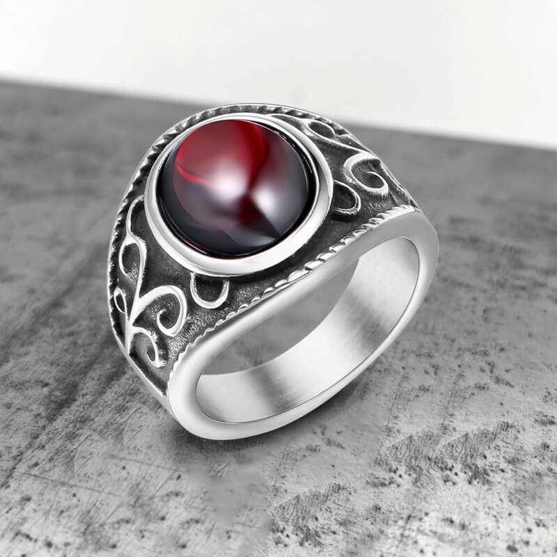 GTHIC Vintage Engraved Flowers Ruby Stainless Steel Ring