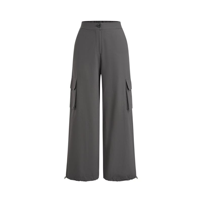 Unisex Garment Dyed Lightweight Elastic Waist Mid Rise Straight Casual Cargo Pants Parachute Streetwear Pockets