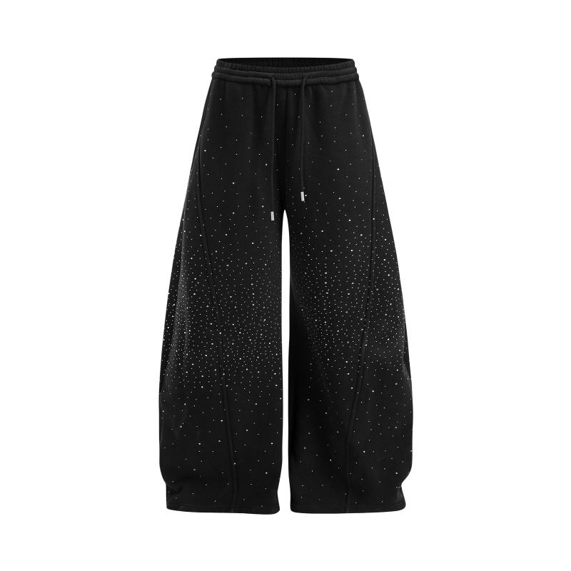 Rhinestone-embellished Garment Dyed Worsted Fabric Men's Cotton Wide Leg Pants Pearl Decoration Anti-Wrinkle UV Protection