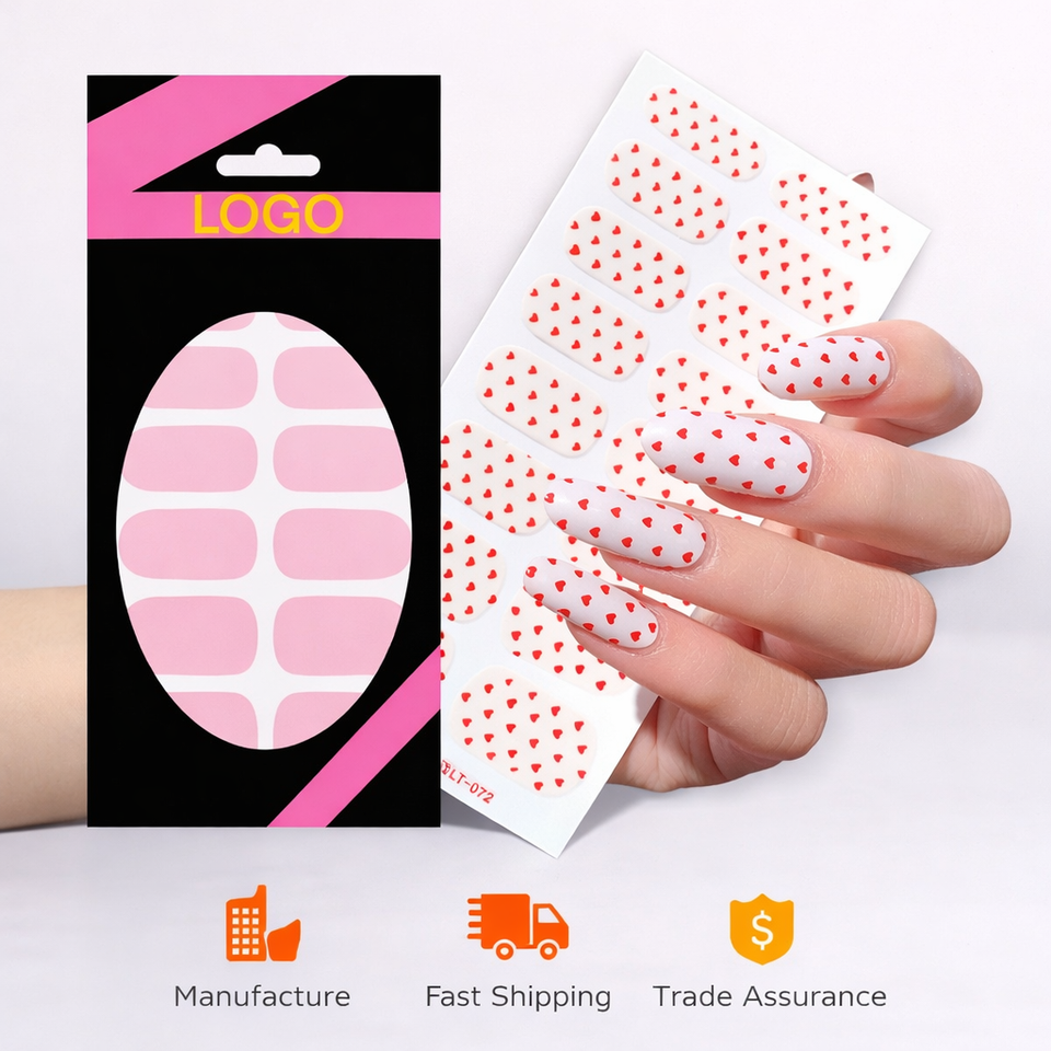 No UV Gel Nail Stickers Valentine Heart Design 16pcs Press on Nail Wraps Custom Packaging Wholesale OEM