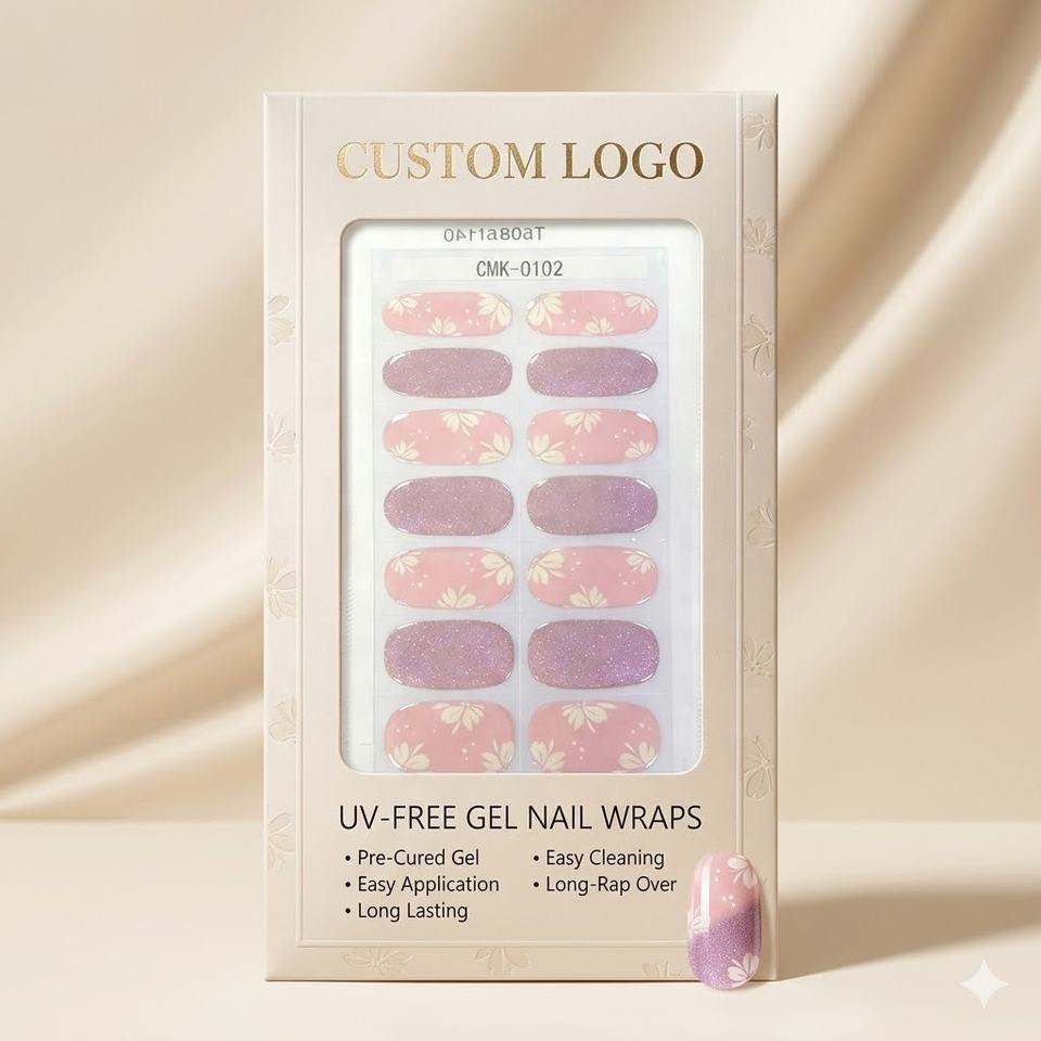 Wholesale Floral Glitter Pink UV-Free Gel Nail Wraps Hema-Free Cherry Blossom Aesthetic Salon Grade Private Label 14-Day Wear